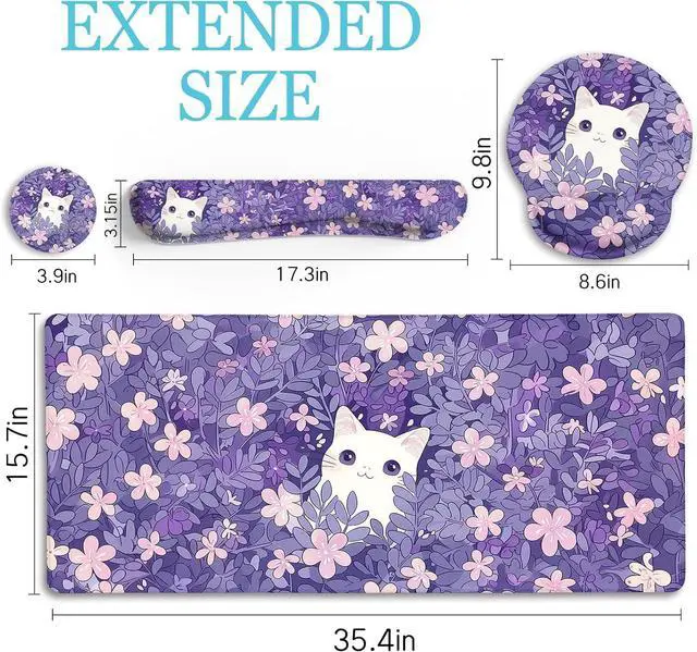Main image of Purple Mouse Pad Large Desk Mat Set, Kawaii Cat Computer Mouse Pad with Wrist Rest Keyboard Wrist Support XXL Mousepad Cup Coaster Set, Cute Purple Office Desk Accessories Cat Decor Supplies