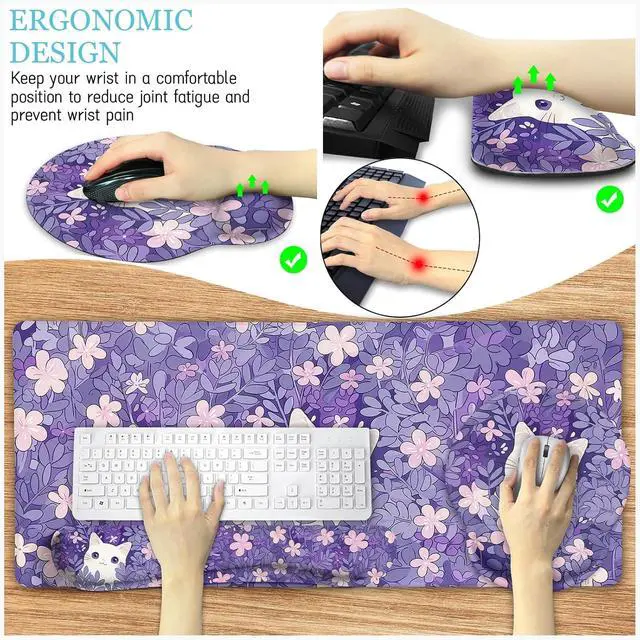 Alt view image 5 of 6 - Purple Mouse Pad Large Desk Mat Set, Kawaii Cat Computer Mouse Pad with Wrist Rest Keyboard Wrist Support XXL Mousepad Cup Coaster Set, Cute Purple Office Desk Accessories Cat Decor Supplies