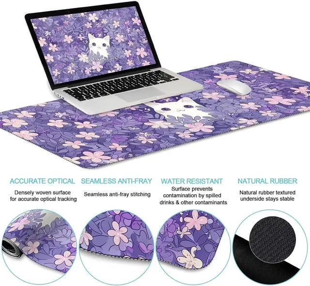 Alt view image 6 of 6 - Purple Mouse Pad Large Desk Mat Set, Kawaii Cat Computer Mouse Pad with Wrist Rest Keyboard Wrist Support XXL Mousepad Cup Coaster Set, Cute Purple Office Desk Accessories Cat Decor Supplies