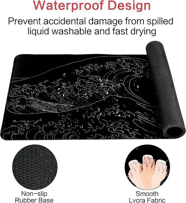 Alt view image 6 of 7 - Japanese Sea Wave Gaming Mouse Pad, Anime Gaming Mousepad, Extended Kanagawa Mat Desk Mat, Large Desk pad 31.5x11.8 Inch 2mm Thick Long Non-Slip Rubber Base Mouse Pads (Black)