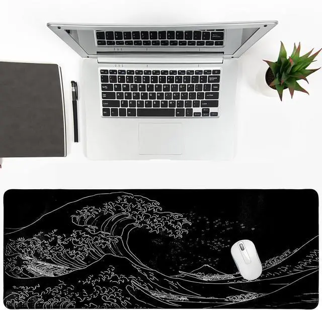 Alt view image 2 of 7 - Japanese Sea Wave Gaming Mouse Pad, Anime Gaming Mousepad, Extended Kanagawa Mat Desk Mat, Large Desk pad 31.5x11.8 Inch 2mm Thick Long Non-Slip Rubber Base Mouse Pads (Black)