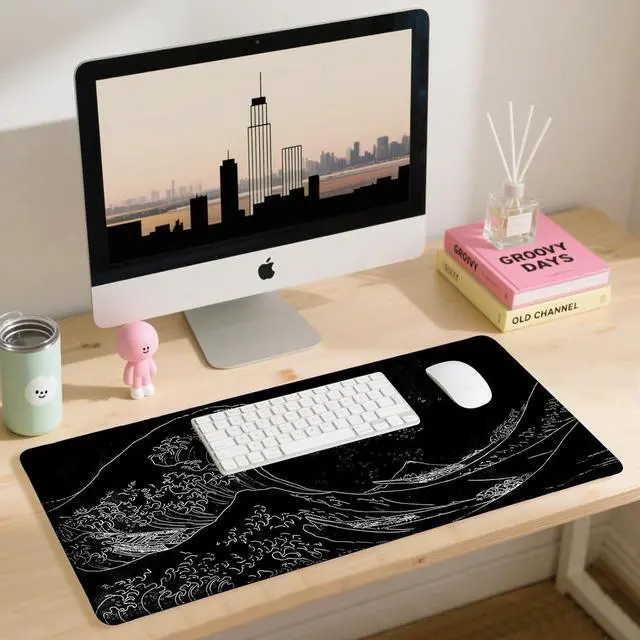 Alt view image 3 of 7 - Japanese Sea Wave Gaming Mouse Pad, Anime Gaming Mousepad, Extended Kanagawa Mat Desk Mat, Large Desk pad 31.5x11.8 Inch 2mm Thick Long Non-Slip Rubber Base Mouse Pads (Black)