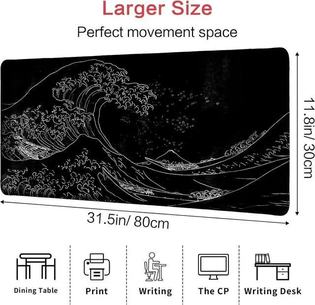 Alt view image 5 of 7 - Japanese Sea Wave Gaming Mouse Pad, Anime Gaming Mousepad, Extended Kanagawa Mat Desk Mat, Large Desk pad 31.5x11.8 Inch 2mm Thick Long Non-Slip Rubber Base Mouse Pads (Black)