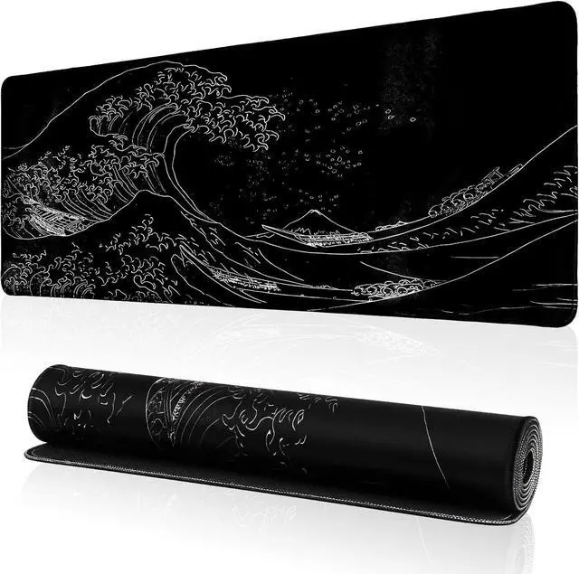 Main image of Japanese Sea Wave Gaming Mouse Pad, Anime Gaming Mousepad, Extended Kanagawa Mat Desk Mat, Large Desk pad 31.5x11.8 Inch 2mm Thick Long Non-Slip Rubber Base Mouse Pads (Black)