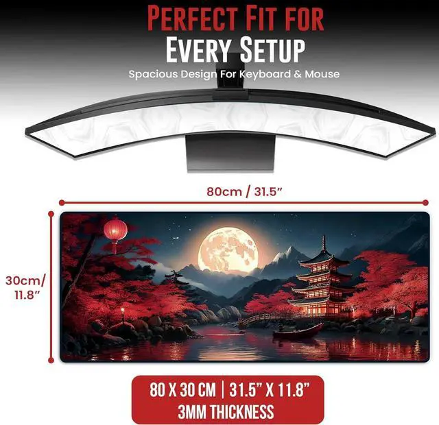 Alt view image 2 of 6 - Japanese Mouse Pad, Large Japanese Desk Mat, XL Anime Desk Mat, Non-Slip Rubber Base, Big Extended Desk Protector for Home Office, 31.5x11.8 (Riverside Full Moon)