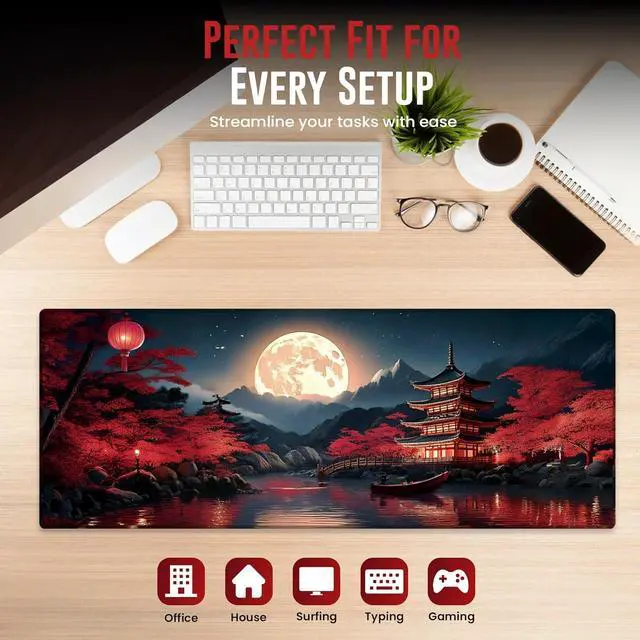 Alt view image 4 of 6 - Japanese Mouse Pad, Large Japanese Desk Mat, XL Anime Desk Mat, Non-Slip Rubber Base, Big Extended Desk Protector for Home Office, 31.5x11.8 (Riverside Full Moon)