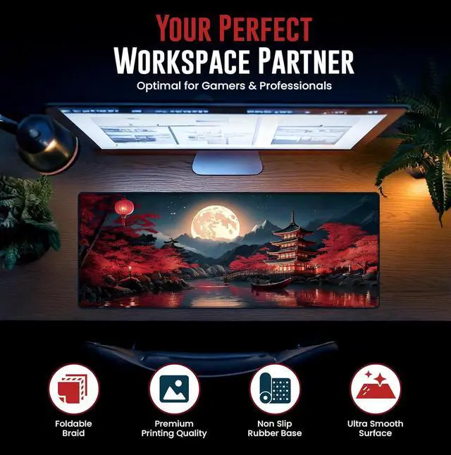 Alt view image 5 of 6 - Japanese Mouse Pad, Large Japanese Desk Mat, XL Anime Desk Mat, Non-Slip Rubber Base, Big Extended Desk Protector for Home Office, 31.5x11.8 (Riverside Full Moon)