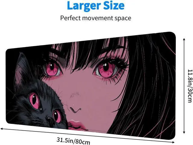 Alt view image 3 of 7 - Anime Girl Gaming Large Mouse Pad, Manga Pink Eyes Cute Cat Large Gaming Mouse Mat with Stitched Edges,Non-Slip Waterproof Rubber Base Mous Mat, Office Computer Keyboard Laptop Home, 31.5x11.8
