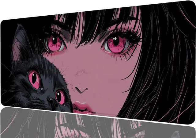 Main image of Anime Girl Gaming Large Mouse Pad, Manga Pink Eyes Cute Cat Large Gaming Mouse Mat with Stitched Edges,Non-Slip Waterproof Rubber Base Mous Mat, Office Computer Keyboard Laptop Home, 31.5x11.8