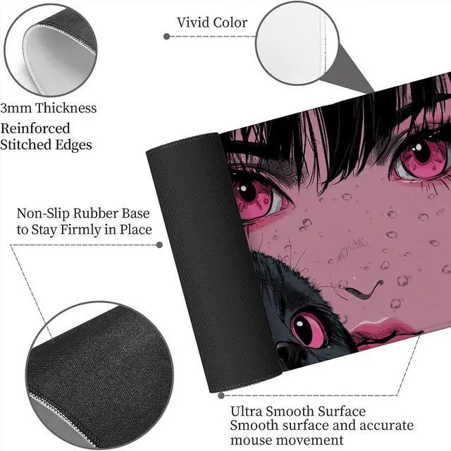Alt view image 5 of 7 - Anime Girl Gaming Large Mouse Pad, Manga Pink Eyes Cute Cat Large Gaming Mouse Mat with Stitched Edges,Non-Slip Waterproof Rubber Base Mous Mat, Office Computer Keyboard Laptop Home, 31.5x11.8