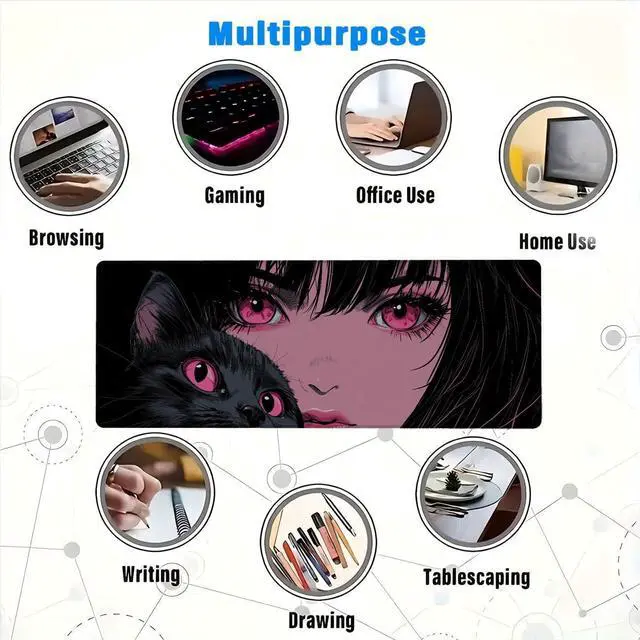 Alt view image 7 of 7 - Anime Girl Gaming Large Mouse Pad, Manga Pink Eyes Cute Cat Large Gaming Mouse Mat with Stitched Edges,Non-Slip Waterproof Rubber Base Mous Mat, Office Computer Keyboard Laptop Home, 31.5x11.8