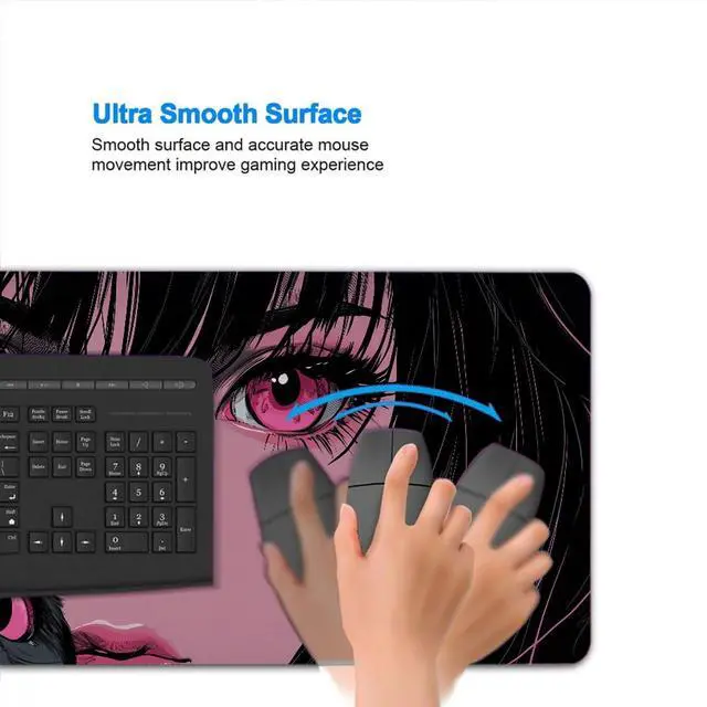 Alt view image 4 of 7 - Anime Girl Gaming Large Mouse Pad, Manga Pink Eyes Cute Cat Large Gaming Mouse Mat with Stitched Edges,Non-Slip Waterproof Rubber Base Mous Mat, Office Computer Keyboard Laptop Home, 31.5x11.8