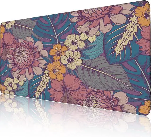 Alt view image 7 of 7 - Large Floral Computer Mouse Pad with Non-Slip Base for Desktop, Aesthetic Wildflowers Gaming Mouse Mat with Stitched Edges, Long Extended Anime Mousepad for Laptop, 35.4 x 15.7 inches