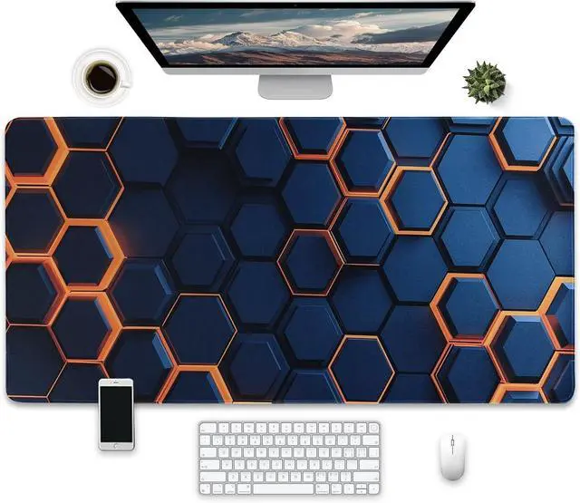 Main image of Extended Gaming Mouse Pad, Hexagon Pattern Design, Large Desk Mat 31.5 x 15.7 inches, Navy Blue and Orange, Non-Slip Base