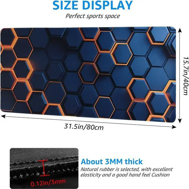 Alt view image 3 of 6 - Extended Gaming Mouse Pad, Hexagon Pattern Design, Large Desk Mat 31.5 x 15.7 inches, Navy Blue and Orange, Non-Slip Base