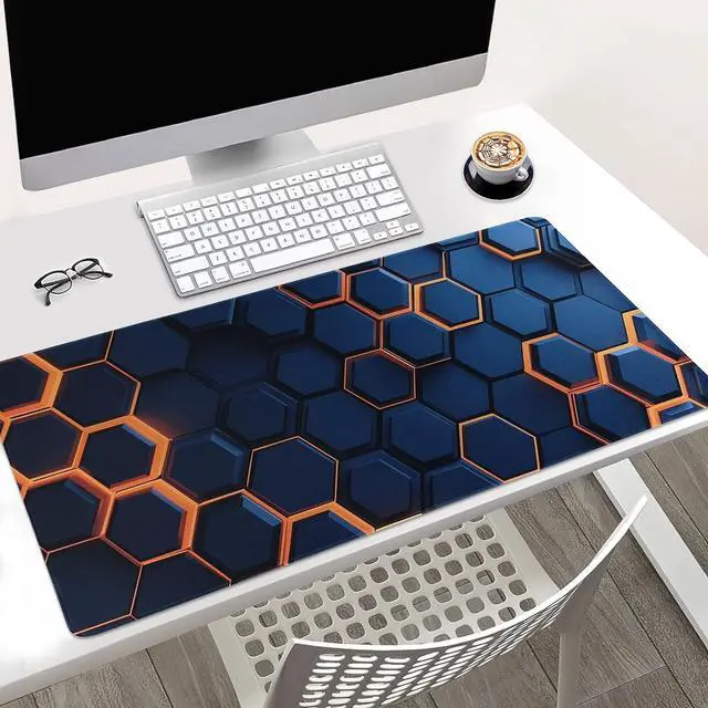 Alt view image 2 of 6 - Extended Gaming Mouse Pad, Hexagon Pattern Design, Large Desk Mat 31.5 x 15.7 inches, Navy Blue and Orange, Non-Slip Base