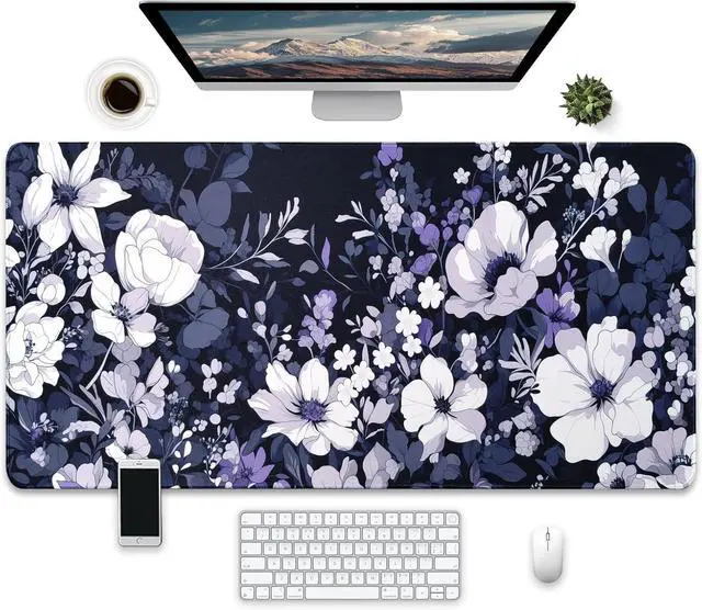 Main image of Large Floral Desk Mat, Navy Blue and White Design, Extended Mouse Pad, 31.5 x 15.7 inches, Non-Slip Base