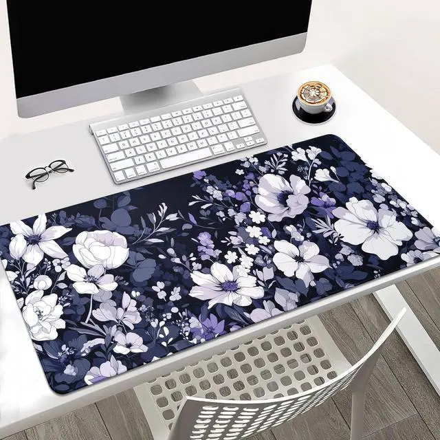 Alt view image 2 of 6 - Large Floral Desk Mat, Navy Blue and White Design, Extended Mouse Pad, 31.5 x 15.7 inches, Non-Slip Base