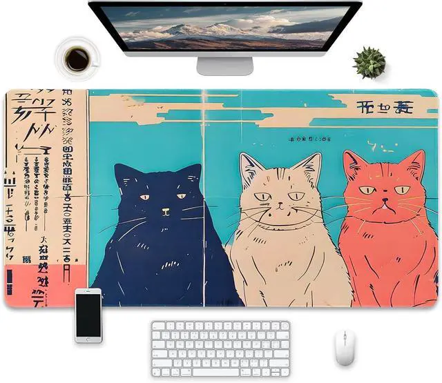 Main image of Japanese Style Cat Design Extended Gaming Mouse Pad, Large Desk Mat, 31.5 x 15.7 inches, Non-Slip Base