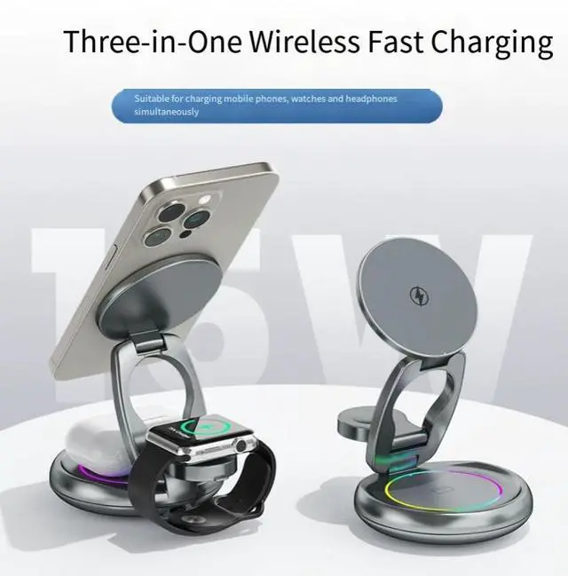 Alt view image 2 of 5 - Hot-seling new product: MagSafe magnetic wireless chargingthree-in-one desktop stand with 360-degree rotation and foldingfunction