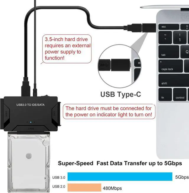 Alt view image 3 of 7 - USB 3.0 to SATA IDE Adapter, Hard Drive Reader External Ultra Recovery Converter Compatible with 2.5" 3.5" HDD, SSD,5.25-inch DVD/CD-ROM Optical Drive Data Transfer with Power Supply