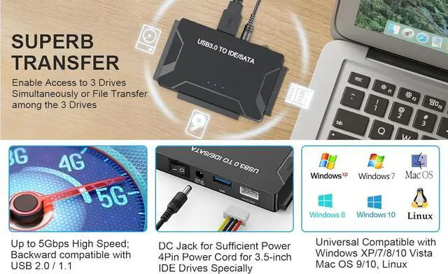 Alt view image 6 of 7 - USB 3.0 to SATA IDE Adapter, Hard Drive Reader External Ultra Recovery Converter Compatible with 2.5" 3.5" HDD, SSD,5.25-inch DVD/CD-ROM Optical Drive Data Transfer with Power Supply