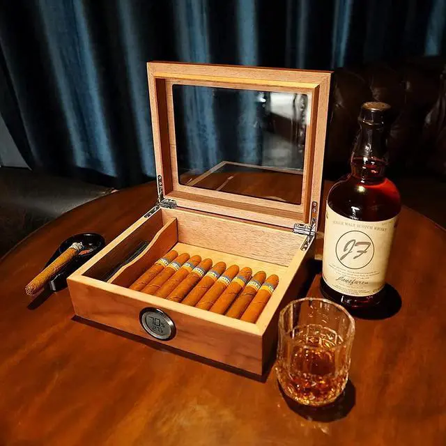 Alt view image 3 of 7 - Humidor Cigar Box Cedar Wood Cigar Humidor with Thermometer Digital Hygrometer and Front Humidifier Tempered Glass Top Display Hold 15-40 Cigars by Jansfuren