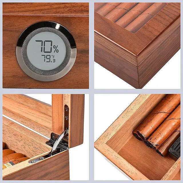 Alt view image 6 of 7 - Humidor Cigar Box Cedar Wood Cigar Humidor with Thermometer Digital Hygrometer and Front Humidifier Tempered Glass Top Display Hold 15-40 Cigars by Jansfuren