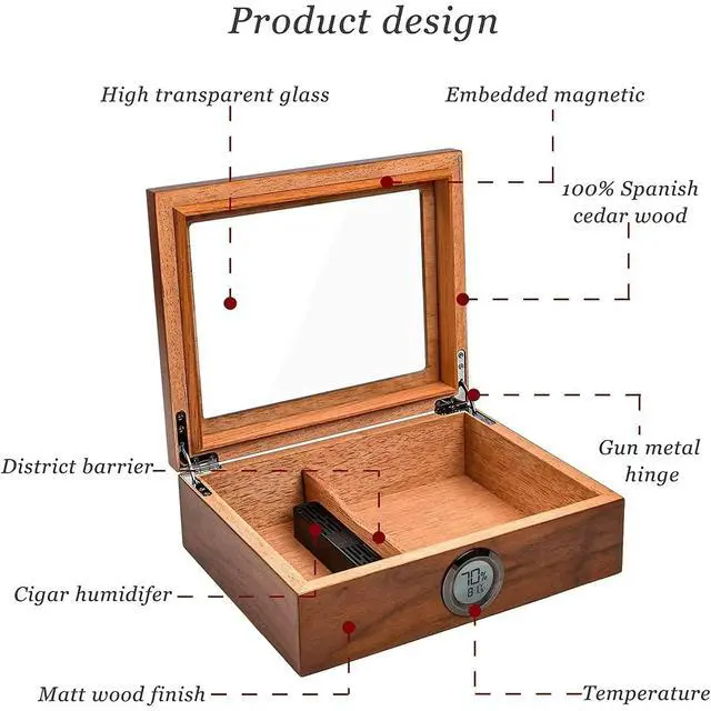 Alt view image 7 of 7 - Humidor Cigar Box Cedar Wood Cigar Humidor with Thermometer Digital Hygrometer and Front Humidifier Tempered Glass Top Display Hold 15-40 Cigars by Jansfuren