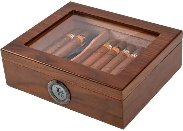 Main image of Humidor Cigar Box Cedar Wood Cigar Humidor with Thermometer Digital Hygrometer and Front Humidifier Tempered Glass Top Display Hold 15-40 Cigars by Jansfuren