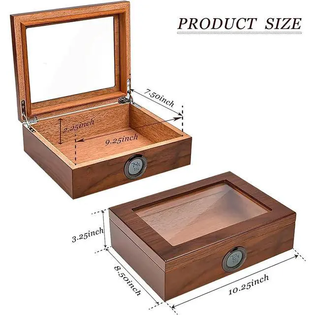 Alt view image 5 of 7 - Humidor Cigar Box Cedar Wood Cigar Humidor with Thermometer Digital Hygrometer and Front Humidifier Tempered Glass Top Display Hold 15-40 Cigars by Jansfuren