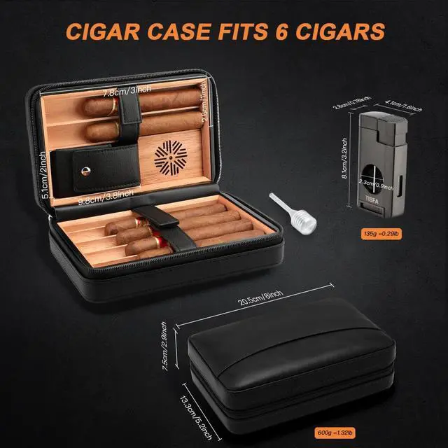 Alt view image 6 of 6 - Cigar Humidor Leather Cedar Wood Cigar Case with Cigar Lighter V Cut Cigar Cutter Cigar Holder 3 in 1 Travel Cigar Humidor Box