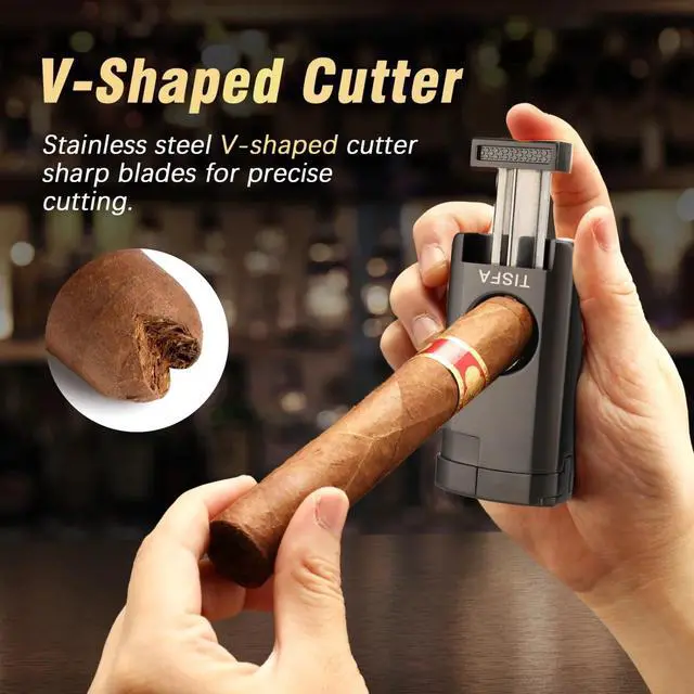 Alt view image 4 of 6 - Cigar Humidor Leather Cedar Wood Cigar Case with Cigar Lighter V Cut Cigar Cutter Cigar Holder 3 in 1 Travel Cigar Humidor Box