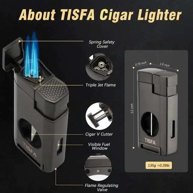 Alt view image 3 of 6 - Cigar Humidor Leather Cedar Wood Cigar Case with Cigar Lighter V Cut Cigar Cutter Cigar Holder 3 in 1 Travel Cigar Humidor Box