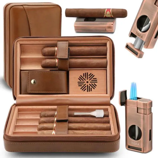 Alt view image 2 of 6 - Cigar Humidor Leather Cedar Wood Cigar Case with Cigar Lighter V Cut Cigar Cutter Cigar Holder 3 in 1 Travel Cigar Humidor Box