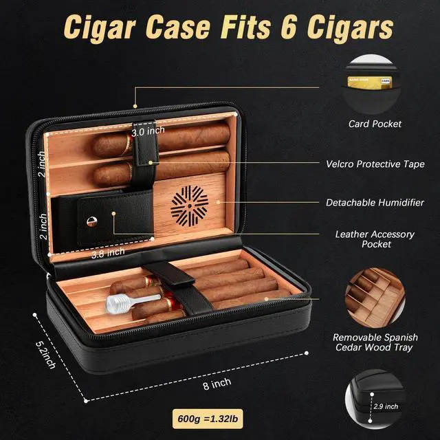 Main image of Cigar Humidor Leather Cedar Wood Cigar Case with Cigar Lighter V Cut Cigar Cutter Cigar Holder 3 in 1 Travel Cigar Humidor Box