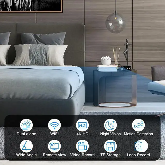 Alt view image 2 of 6 - Camera Clock WiFi Camera Covert Nanny Video Recorder Mini 4K Wireless Nanny Cam Indoor Home Office Security Night Vision Motion Detection