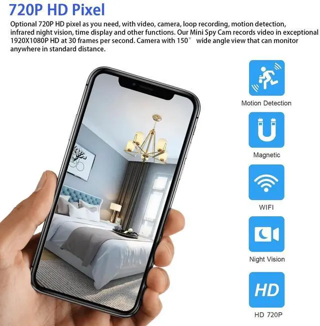 Alt view image 3 of 7 - Mini Wireless Security Camera, Full HD 720P Portable Small HD Nanny Cam with Night Vision, Video Record and Motion Detection for Home Car Drone Office and Outdoor Use