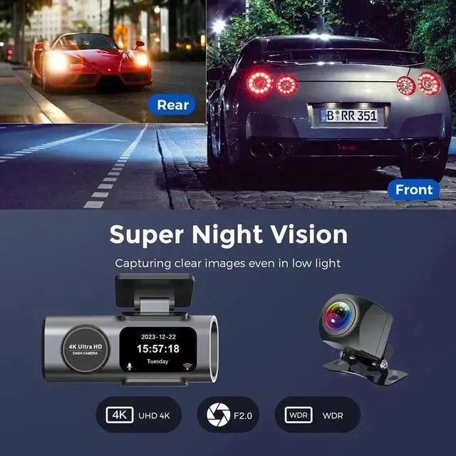 Alt view image 6 of 7 - 4K Dual Dash Cam WiFi, Mini Hidden Front and Rear Car Camera with Night Vision, Wide Angle, WDR, Loop Recording, G-Sensor, Parking Monitor