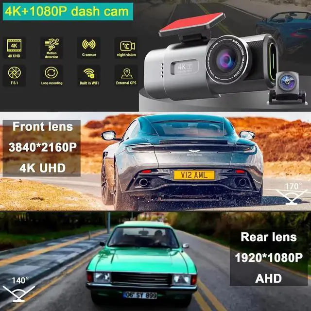 Alt view image 3 of 7 - 4K Dual Dash Cam WiFi, Mini Hidden Front and Rear Car Camera with Night Vision, Wide Angle, WDR, Loop Recording, G-Sensor, Parking Monitor
