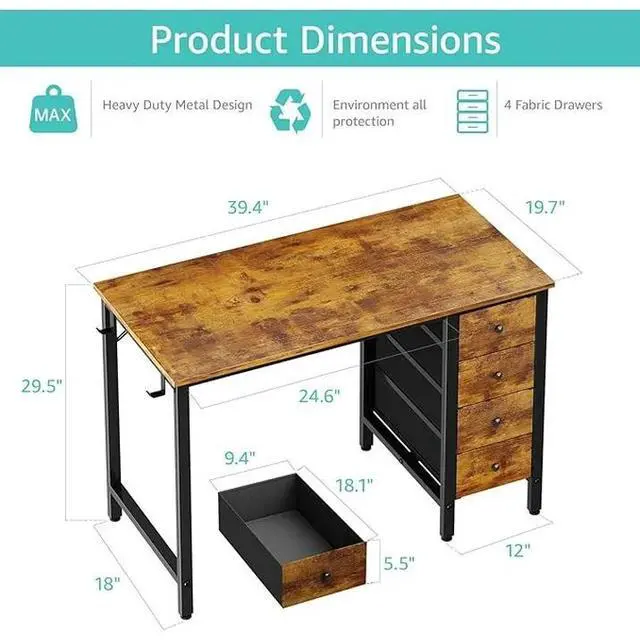 Alt view image 7 of 7 - 40 inch Computer Desk with 4 Fabric Drawers, Kids Student Small Desks for Home Office Small Space, Work PC Desk Table for Bedroom, Rustic Brown
