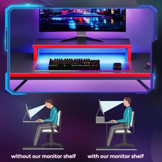 Alt view image 3 of 7 - 42" Gaming Desk PC Computer Office Gamer Table Desk with LED Lights & Monitor Stand in Red