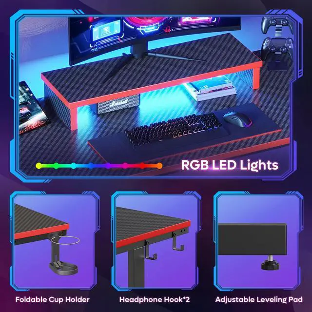 Alt view image 6 of 7 - 42" Gaming Desk PC Computer Office Gamer Table Desk with LED Lights & Monitor Stand in Red