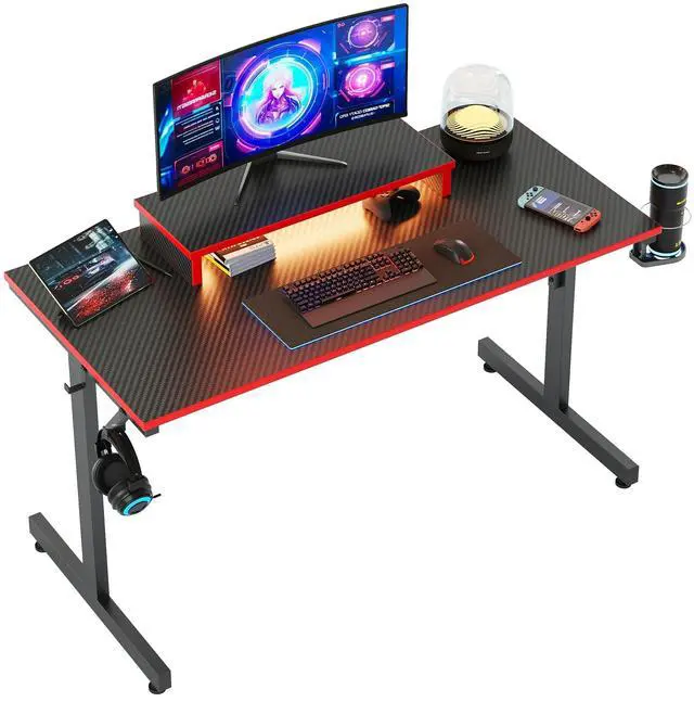 Alt view image 2 of 7 - 42" Gaming Desk PC Computer Office Gamer Table Desk with LED Lights & Monitor Stand in Red