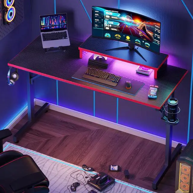 Alt view image 7 of 7 - 42" Gaming Desk PC Computer Office Gamer Table Desk with LED Lights & Monitor Stand in Red