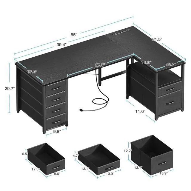 Alt view image 6 of 7 - 55 inch Computer Desk with 5 Drawers and File Cabinet for Storage, Office Desk with Storage Shelf & Power Outlets, Home Office Desks, Black