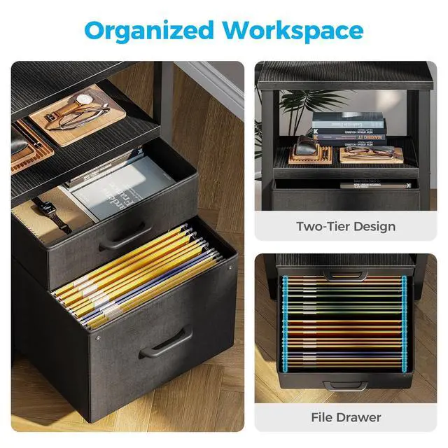 Alt view image 3 of 7 - 55 inch Computer Desk with 5 Drawers and File Cabinet for Storage, Office Desk with Storage Shelf & Power Outlets, Home Office Desks, Black