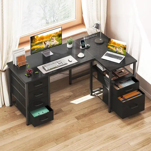 Alt view image 4 of 7 - 55 inch Computer Desk with 5 Drawers and File Cabinet for Storage, Office Desk with Storage Shelf & Power Outlets, Home Office Desks, Black
