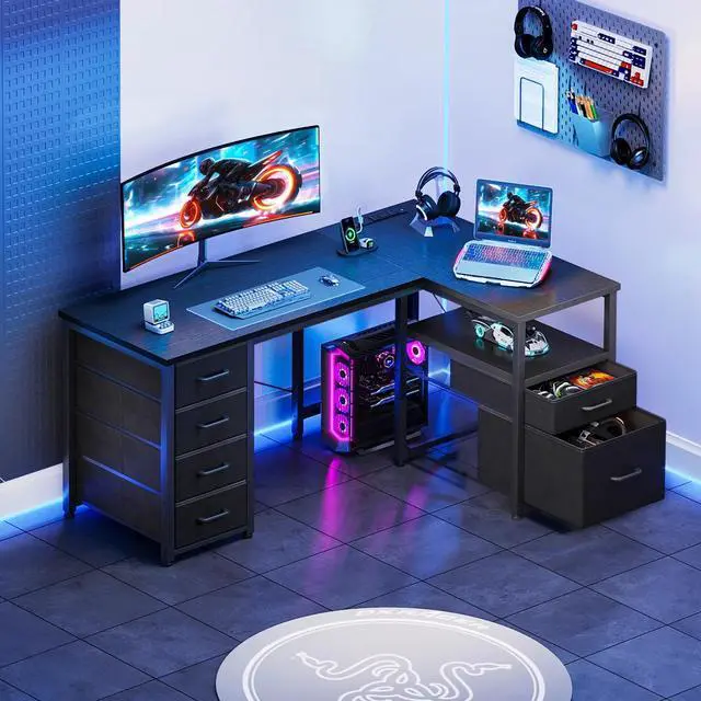 Alt view image 2 of 7 - 55 inch Computer Desk with 5 Drawers and File Cabinet for Storage, Office Desk with Storage Shelf & Power Outlets, Home Office Desks, Black