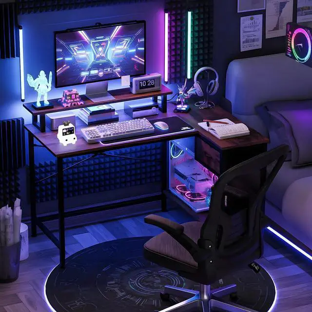 Alt view image 4 of 6 - L Shaped Gaming Desk with Power Outlets and LED Lights, 43 Inch Computer Desk with Charging Port (Rustic Brown)